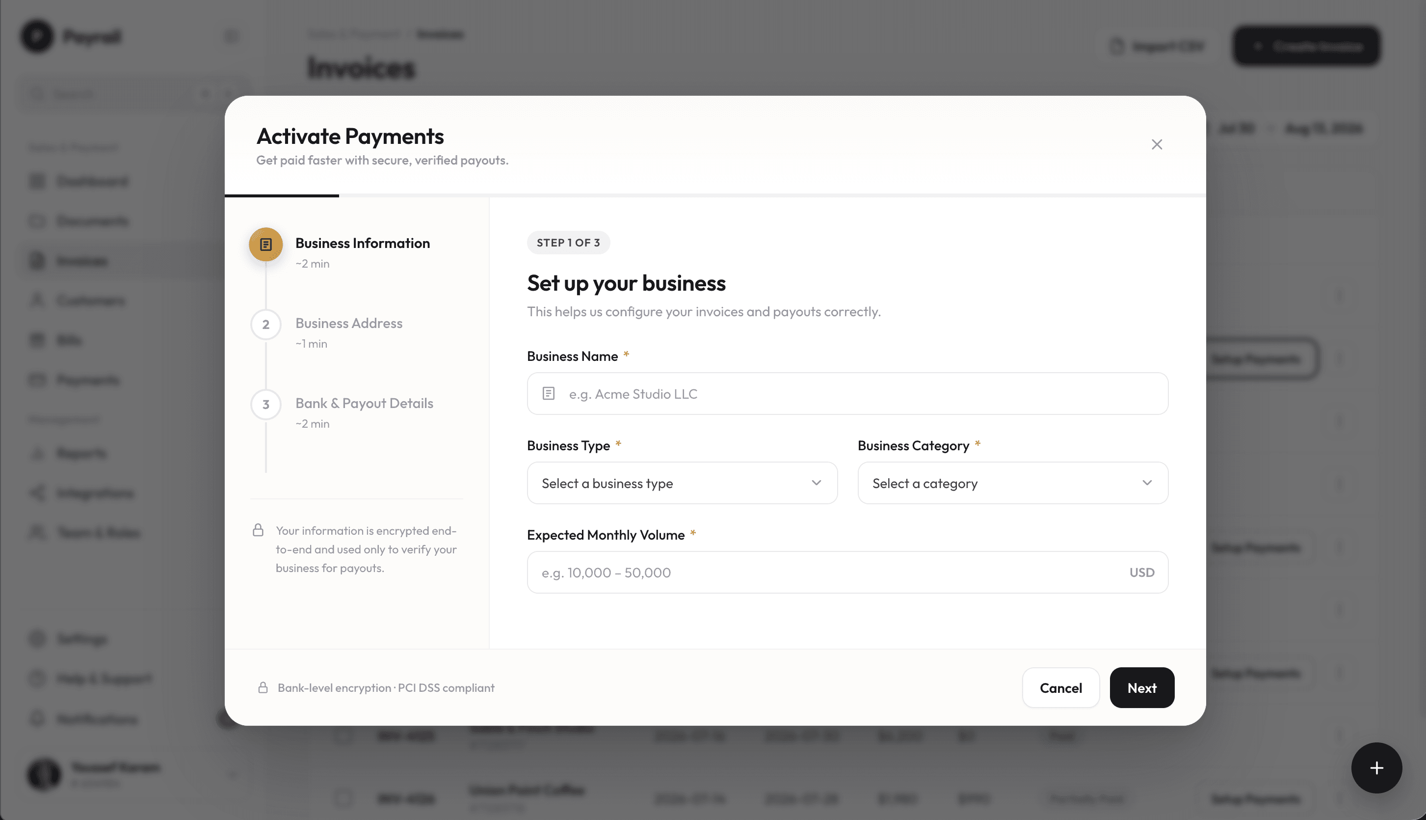 Activate Payments drawer, step 1 of 3: business name, business type, category and expected monthly volume