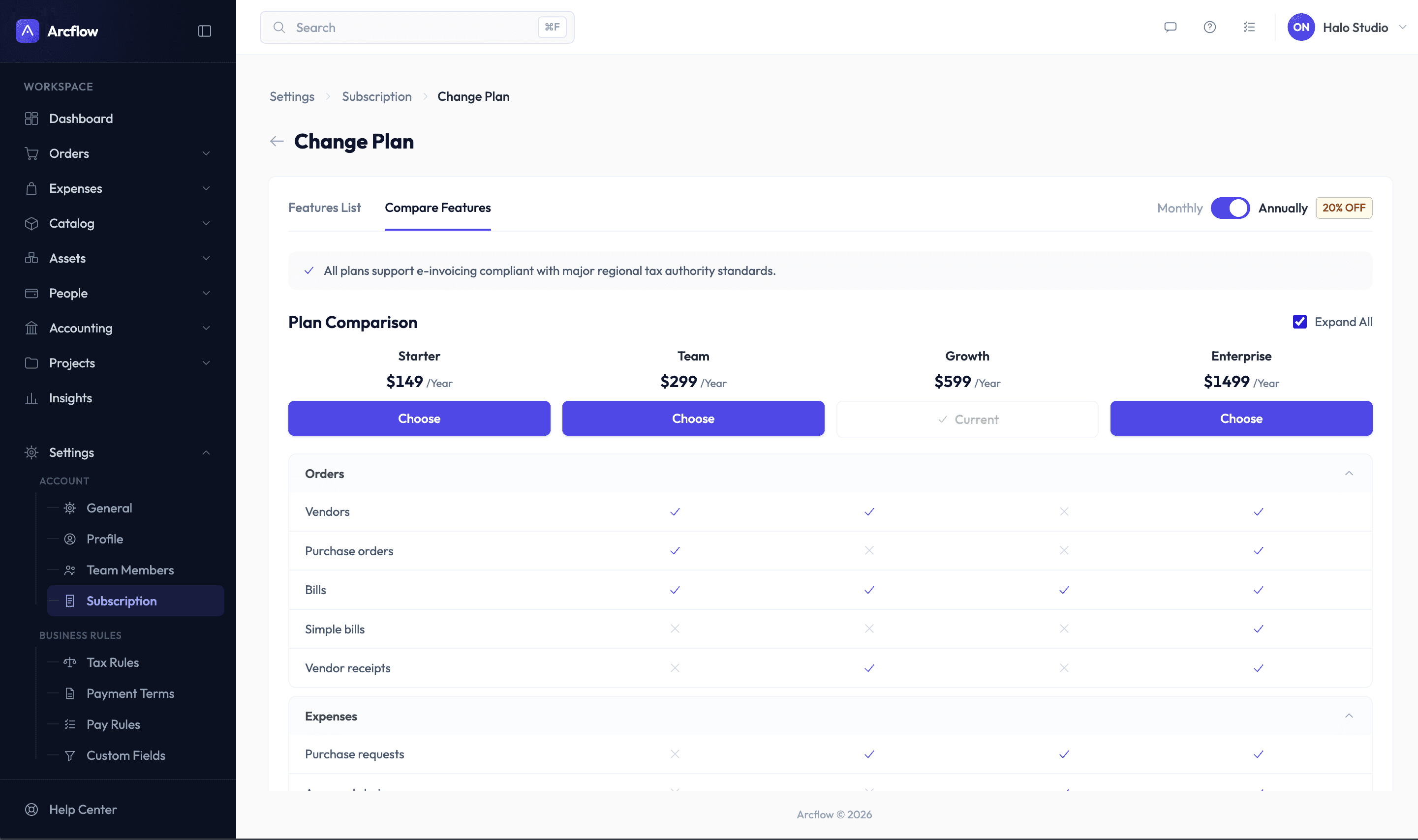 Compare Features view with the Orders group expanded, showing checkmarks per plan for vendors, purchase orders, bills and more