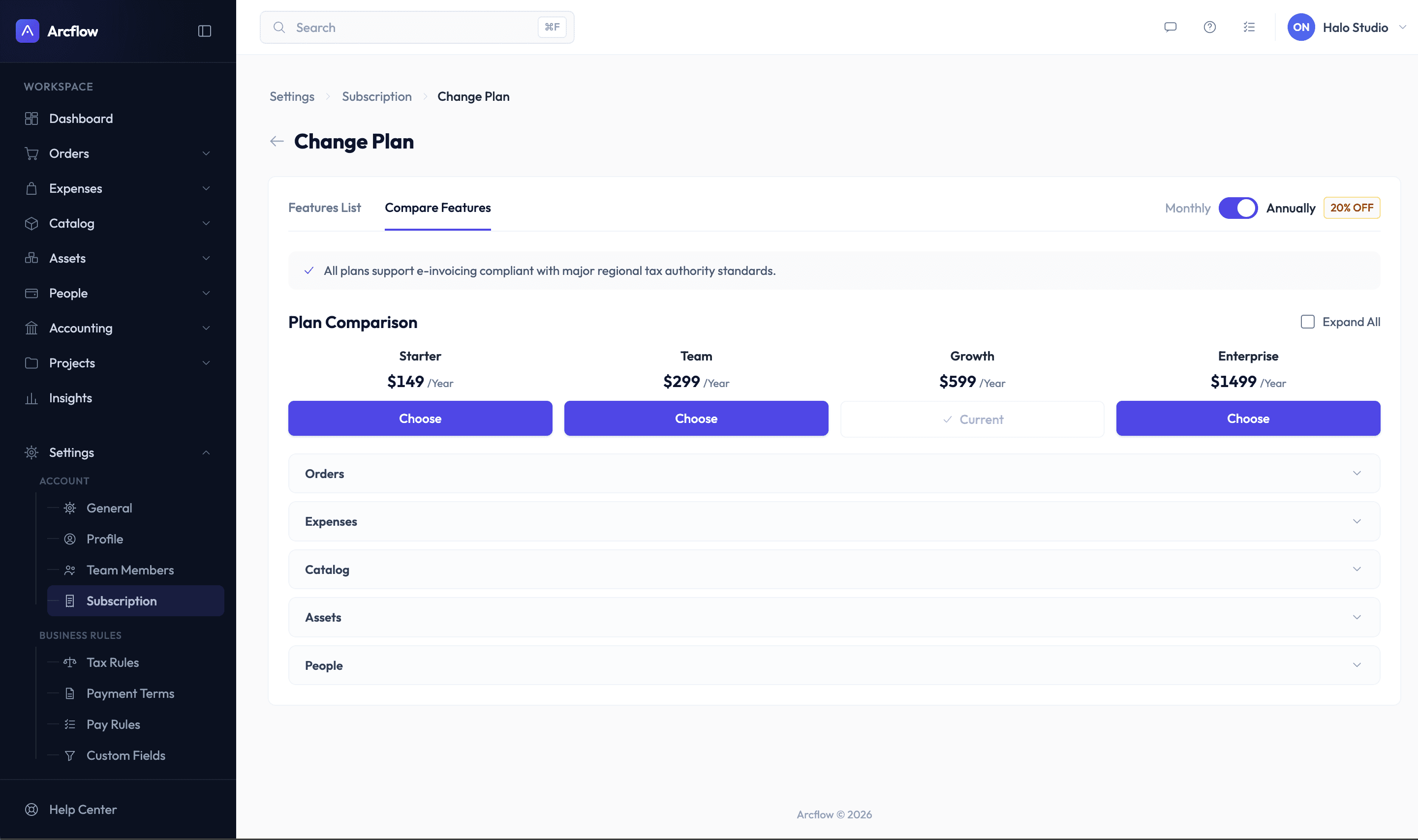 Compare Features view: plan comparison with Orders, Expenses, Catalog, Assets and People groups collapsed
