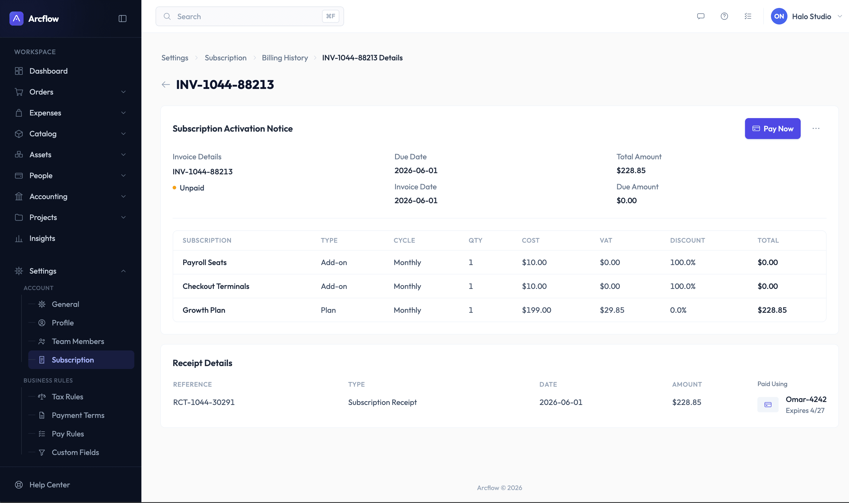 Invoice details page: subscription activation notice with line items for payroll seats, checkout terminals and the Growth plan, and a Pay Now button