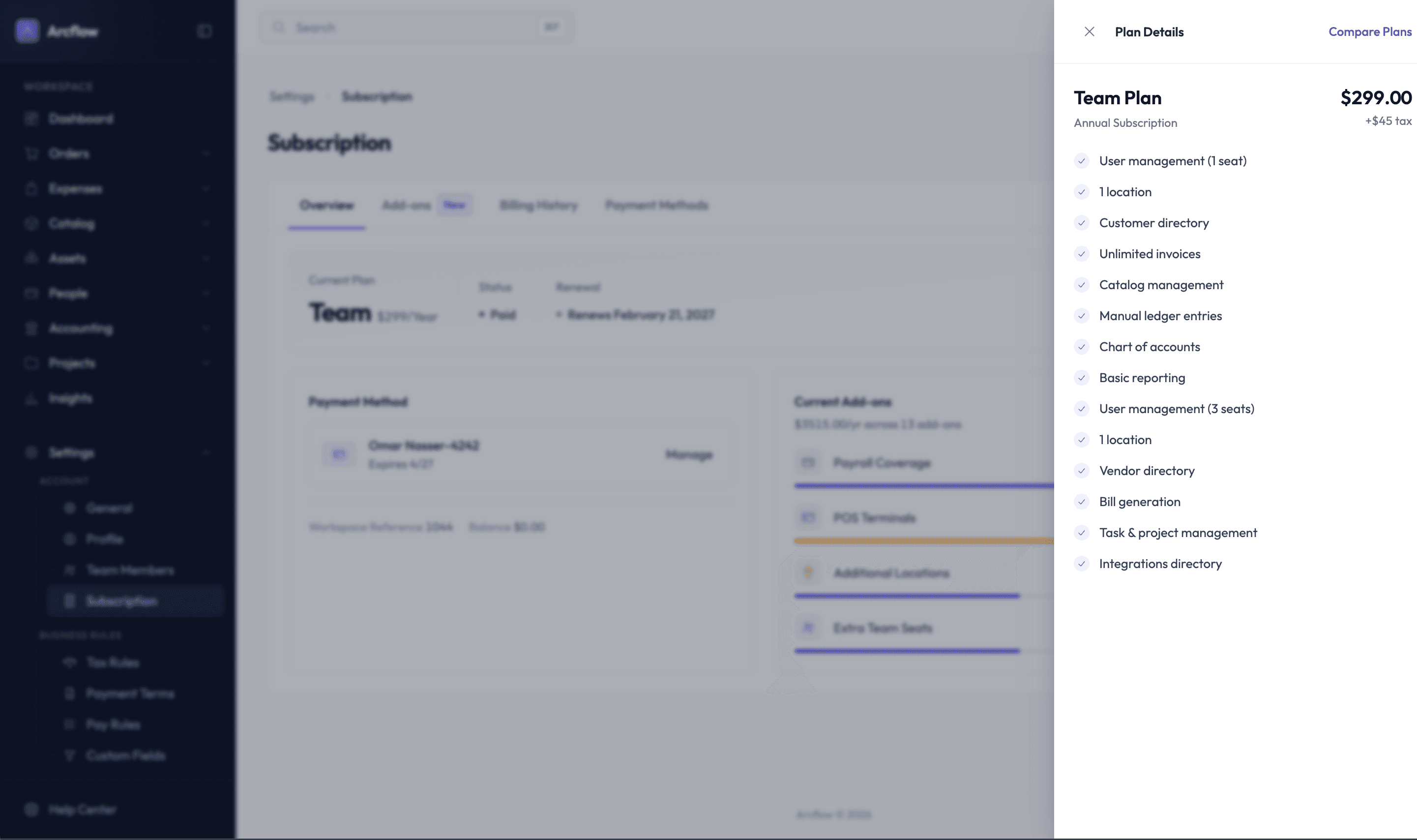 Plan Details side drawer over the subscription page listing everything in the Team plan at $299 a year