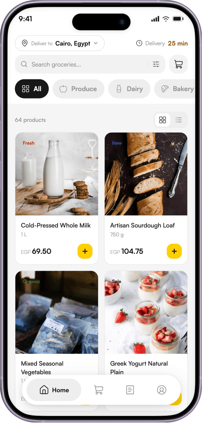 Apex home: deliver to Cairo, Egypt, 25 min delivery, search, category chips and a grid of 64 products