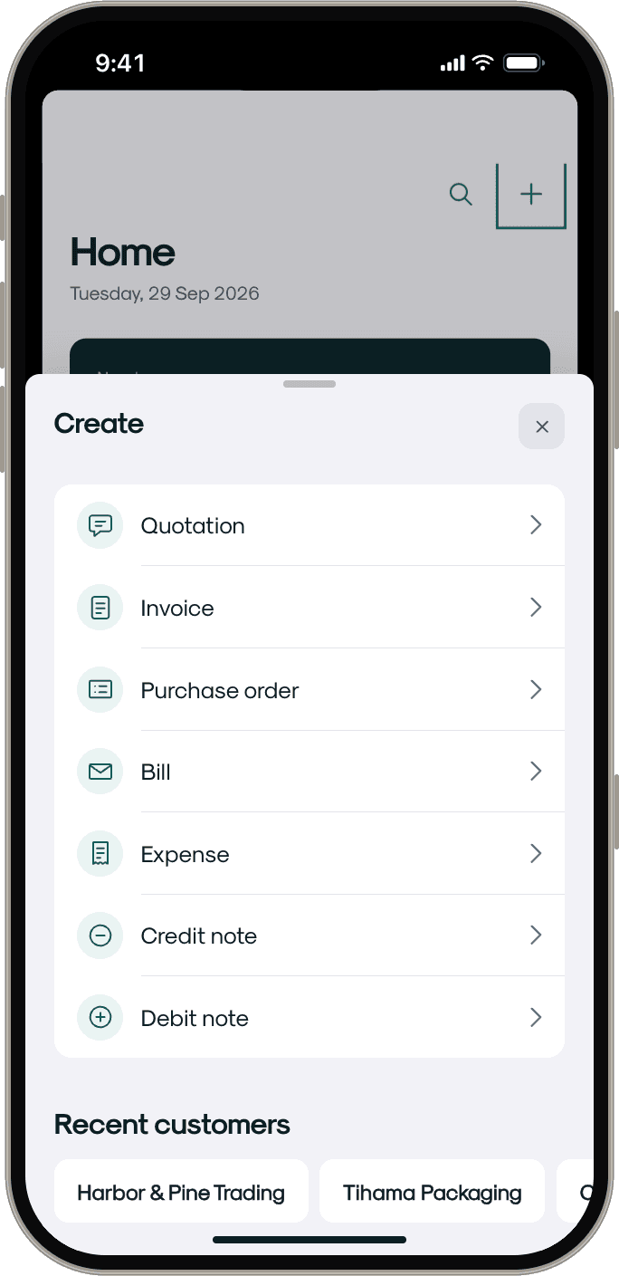 Clearday Create sheet listing quotation, invoice, purchase order, bill, expense and credit and debit notes