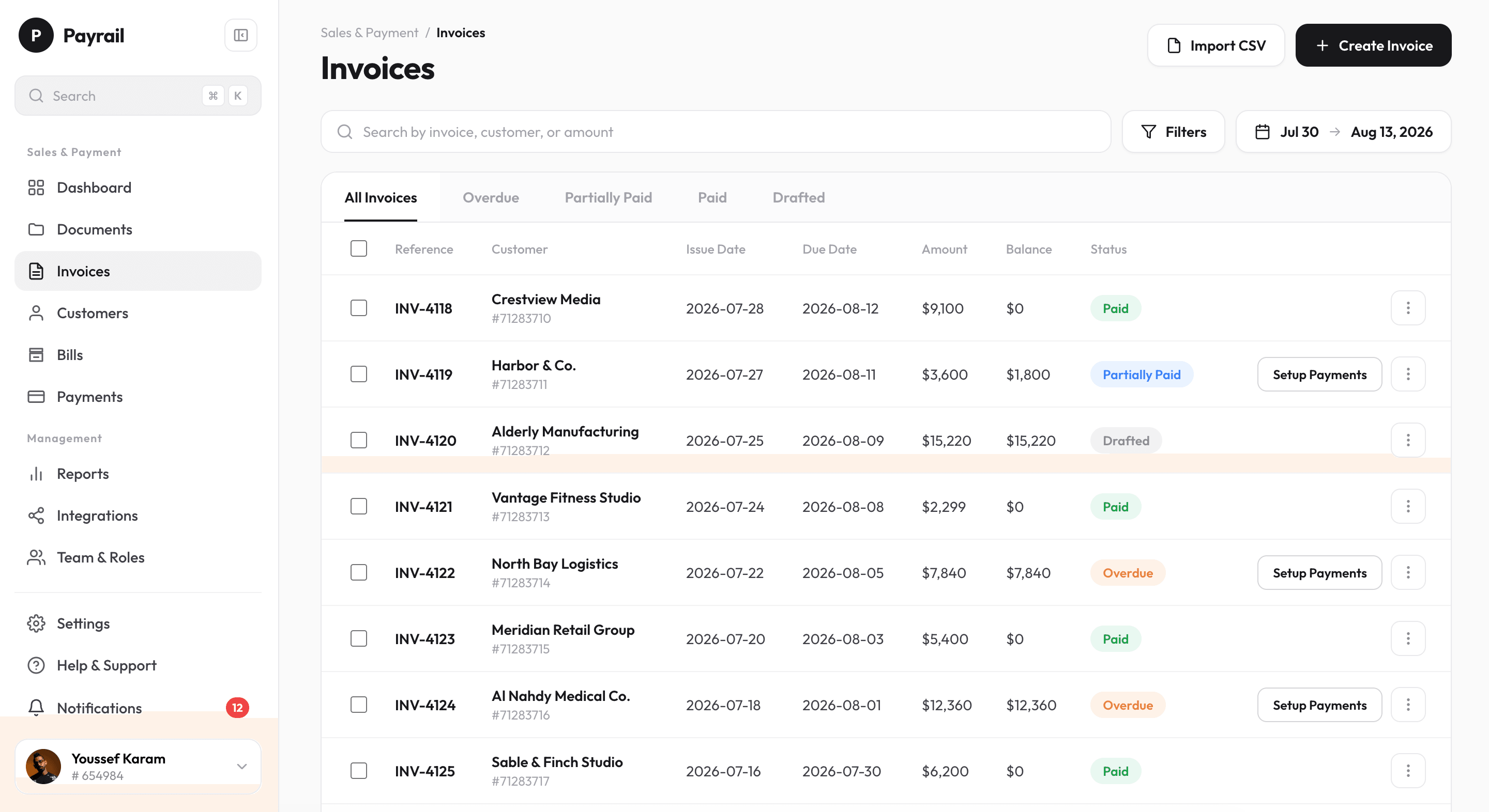 Payrail invoices list before payments are activated, with Setup Payments on each unpaid invoice. Floating around it: the activation alert going from under review to payments live, the three activation steps, and the Payment Link popover
