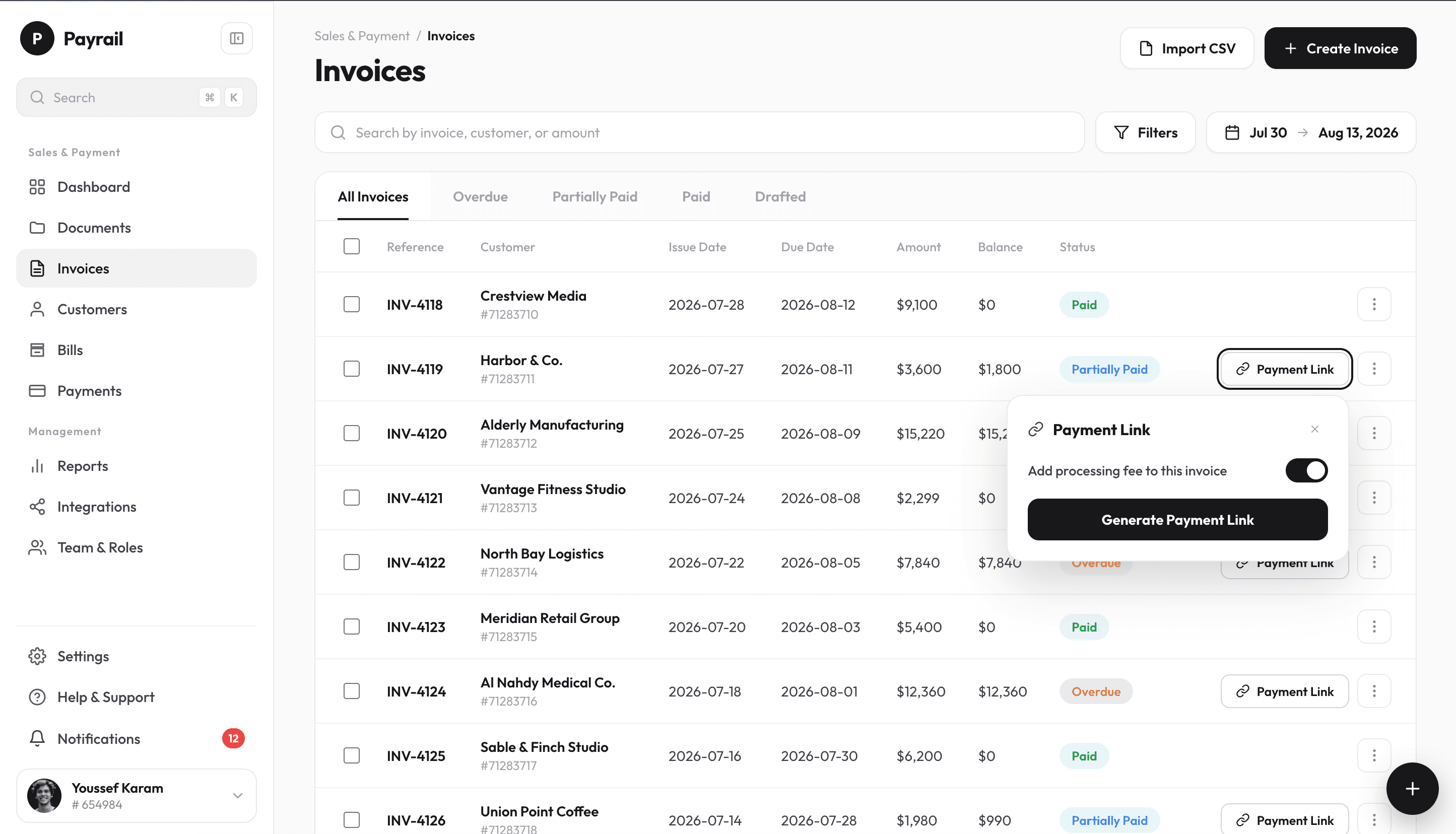 Invoices table after activation, with a Payment Link button on each unpaid invoice and the link popover open