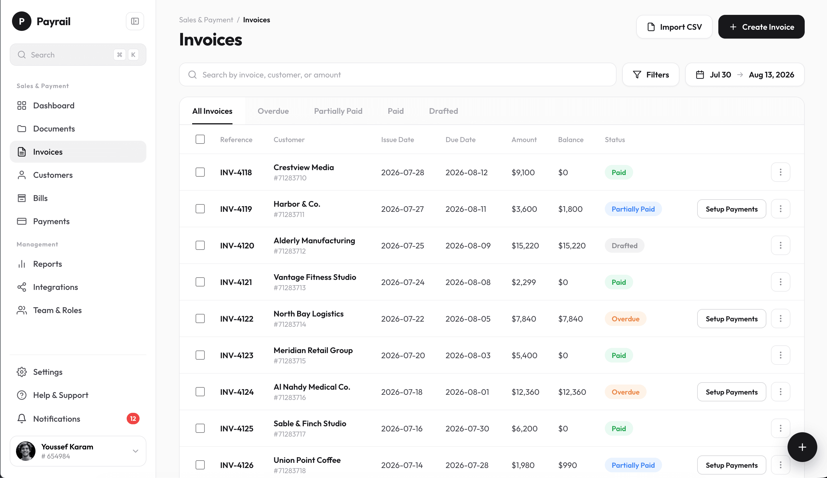 Payrail invoices dashboard with Paid, Partially Paid, Overdue and Drafted invoices and a Setup Payments button on each unpaid one
