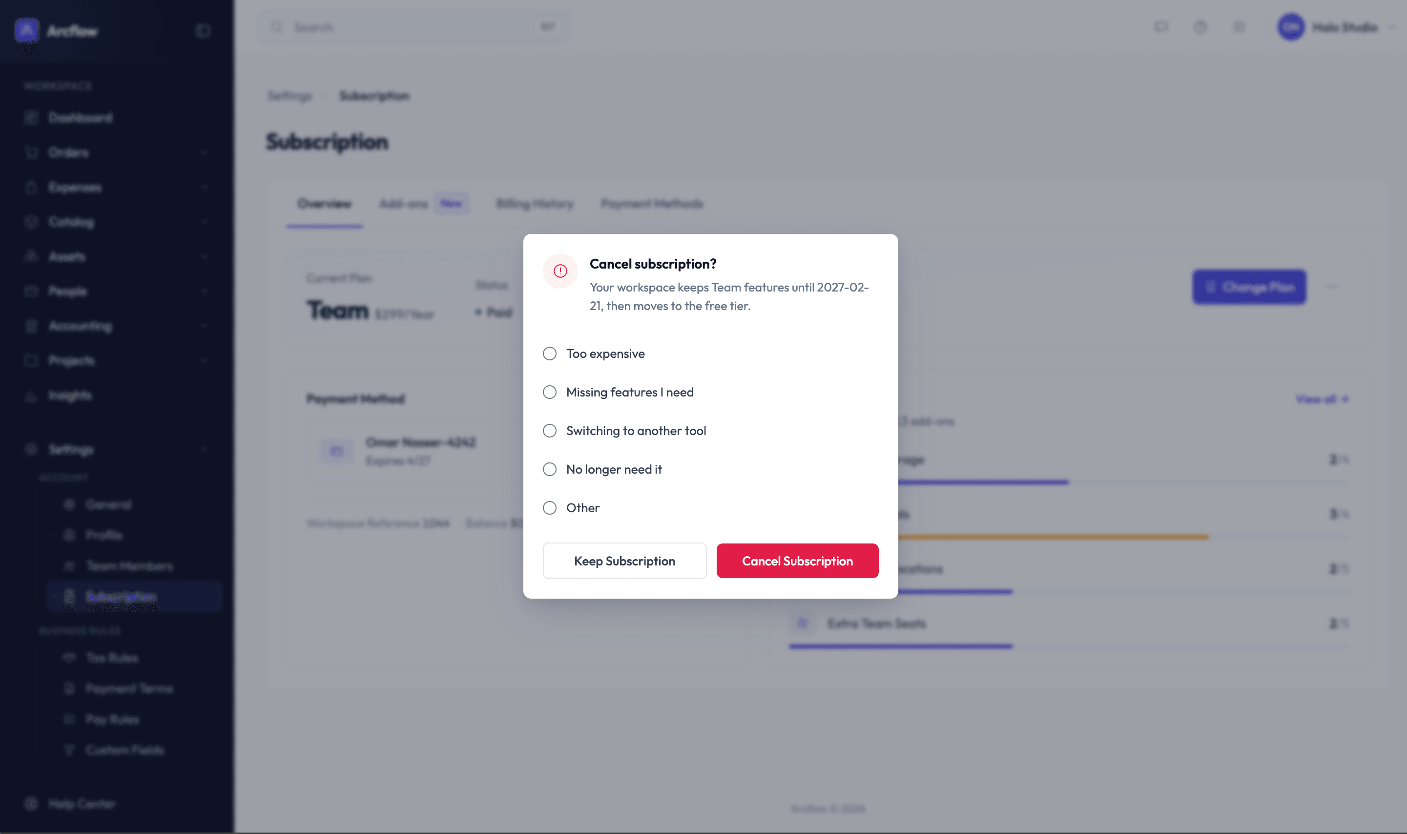 Cancel subscription dialog asking why, with reasons like too expensive or missing features, and Keep Subscription next to Cancel Subscription
