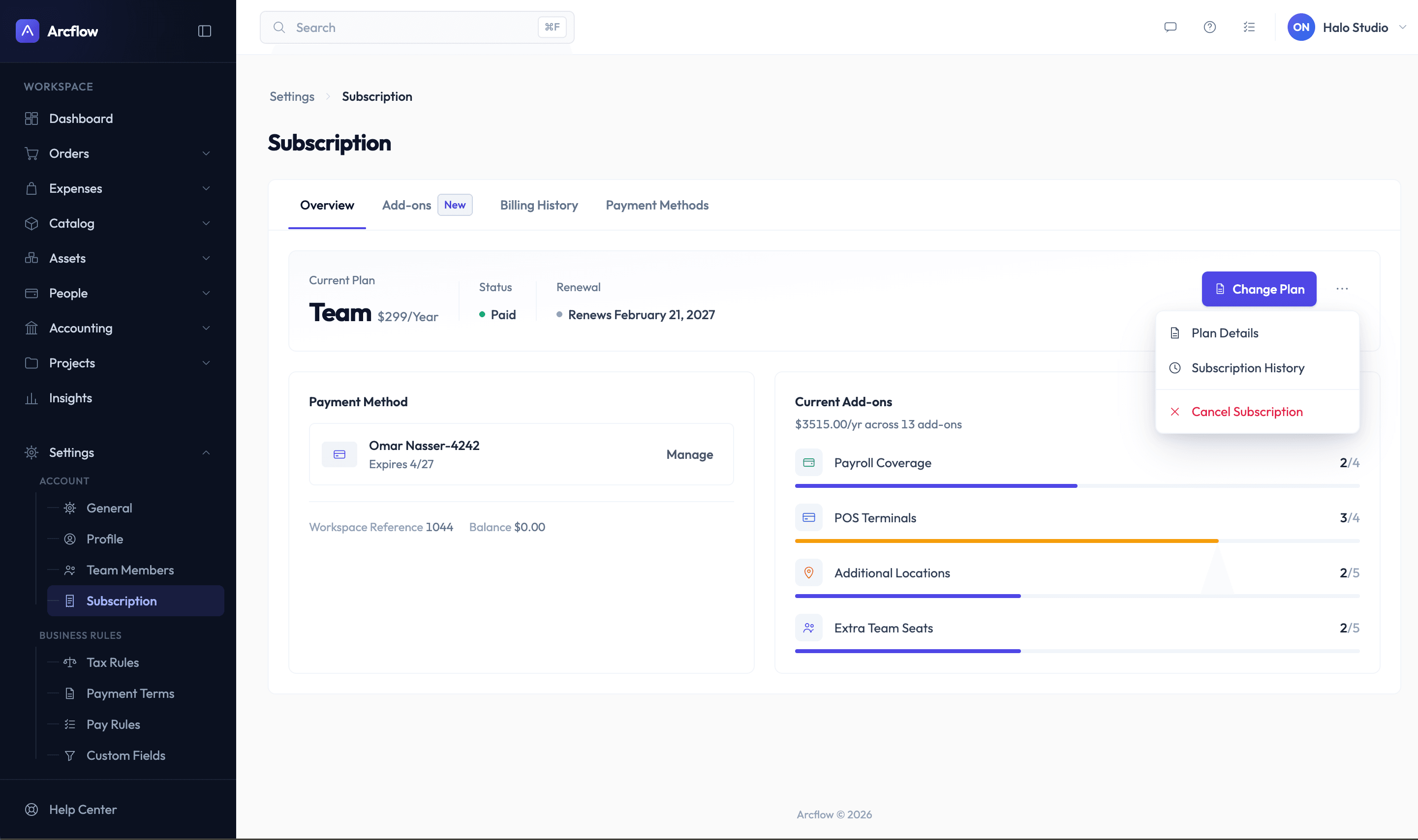 Overview tab with the Change Plan menu open: Plan Details, Subscription History and, last, Cancel Subscription